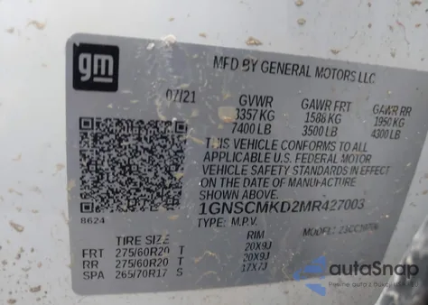 2021 Chevrolet Tahoe 2Wd Ls из США, поврежденный, VIN 1GNSCMKD2MR427003